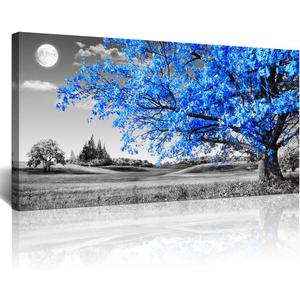 Lapremoly Canvas Prints Wall Art For Living Room Large Wall Decor For Bedroom Blue Tree Landscape Abstract Painting Office Wall Decoration Black and White Picture Modern Ready To Hang Home Wall Art (48"L x 24"W)