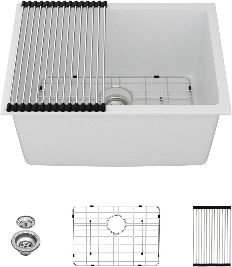 Kichae 24 Granite Composite Sink - 24"x18" Granite Laundry Utility Sink Undermount White Quartz 12" Deep Under Counter Single Bowl Sink Basin