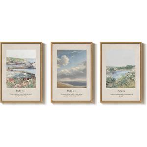 Framed Christian Wall Art for Living Room, Set of 3 Green Landscape Biblical Verse Canvas Prints Artwork for walls, Vintage Psalm Scripture Wall Decor, Dining Room Bedroom Prayer Room, 16x24 Inch