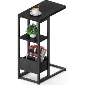 C Shaped End Table, Small Side Table for Couch, Recliner, Slide Under Sofa Tray Desk Snack Tables with Storage Bag for Living Room, Bedroom, Small Spaces - Black