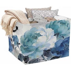 Blue Watercolor Floral Foldable Laundry Basket Hamper with Handles, 56L Large Capacity Toy Storage Organizer, Collapsible Clothes Hamper for Home Decor and Bedroom Organization.