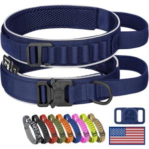 HYDEME Tactical Dog Collar, Alpine Loop Adjustable Military Training Nylon Dog Collars with Handle and Reflective for Small Medium Large Dogs, with Airtags Protective Case & Patches.(L,Deepblue)
