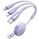 LISEN 3 in 1 Retractable Car & iPhone Charger Cord, Type C/L/Micro USB for iPhone/Samsung/PS/Kindle, Purple
