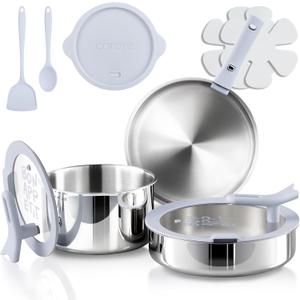 CAROTE Tri-Ply Stainless Steel Cookware Set with Stand-Up Lid, 11Pcs Pots and Pans Set Non Stick, Induction Kitchen Cooking Sets with Detachable Handle, Oven Safe to 600°F, Non Toxic Dishwasher