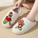 Christmas Slippers Fuzzy Plush House Footwear Soft Memory Foam Indoor Outdoor Warm Cozy Non Slip Fleece Lined Slip On Bedroom Comfy Cartoon Embroidered Holiday Gift Cute Winter Home Shoes (M)