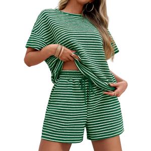 Tankaneo Womens Pajama Sets Striped 2 Piece Lounge Sets Short Sleeve Oversized T Shirts Drawstring Shorts Matching Set (Green, L)