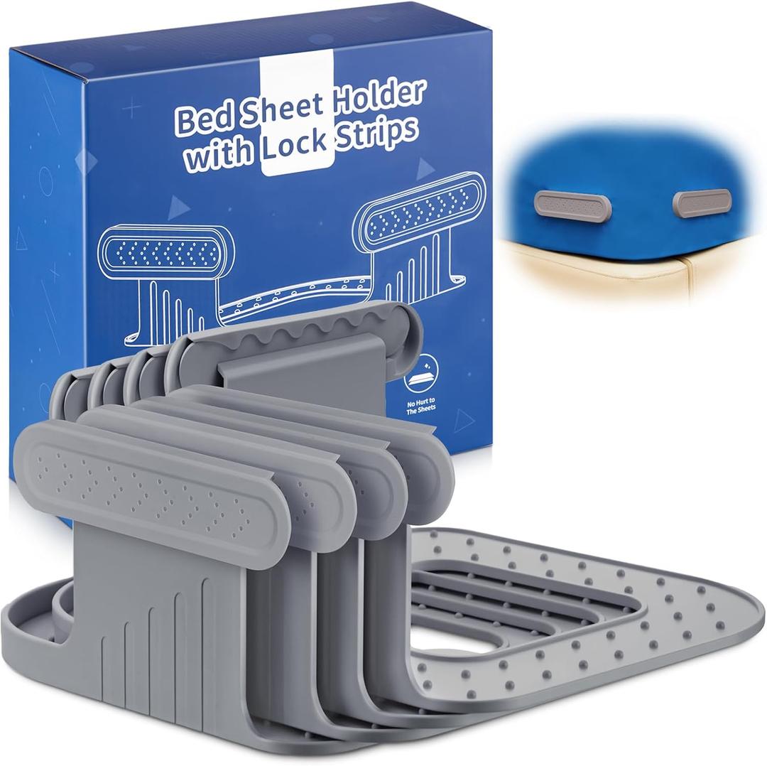 Bed Sheet Holder for Corners, Heavy Duty Lock Fitted Bedsheet Clips with Enhanced Straps, No More Loose Sheets, Keep Sheets Firm and Tight, Easy Installation(Grey) (4PCS)