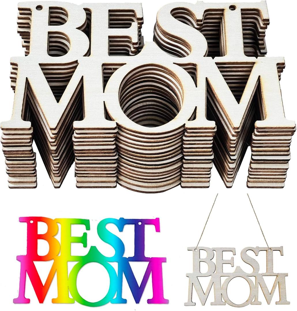 20 Pcs Mother's Day Unfinished Wood Crafts Best MOM,Wood Cutouts to Paint Ornaments DIY Craft for Mother's Day Wooden Letters,Mom's Birthday Party