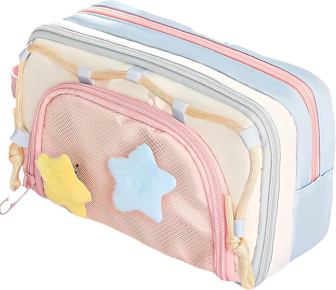 Portable Multi-Layer Kawaii Pencil Case Organizer - Large Capacity Color Block Design Pen Pouch Supplies - Cute Functional Bag (Pink)