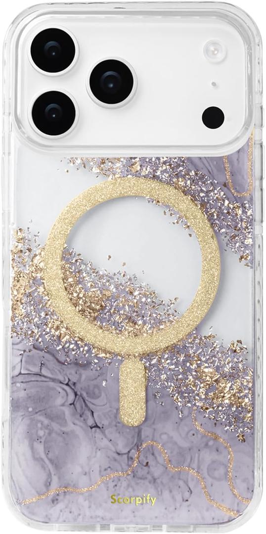 SCORPIFY for iPhone 17 Pro Case [Compatible with MagSafe] with Dusk Halo, Cute Clear Magnetic Phone Cover Bumper for Women Girls, Glitter Sparkle Gold Foil Flakes & Purple Lavender Texture
