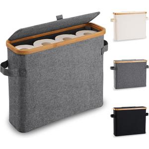Toilet Paper Storage Basket with Lid, Bamboo Toilet Paper Storage Holder Stand Organizer for Bathroom, Toilet Paper Storage Box Container with Handle, Toilet Tissue Storage Bin for RV Closet, Gray (For Small/Regular Size TP Roll)