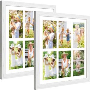13x13 Collage Frame with 6 Openings 4X6 Pictures, Multiple Picture Frame with Mat, Wall or Tabletop Decor, White Wood Grain,2 Pack