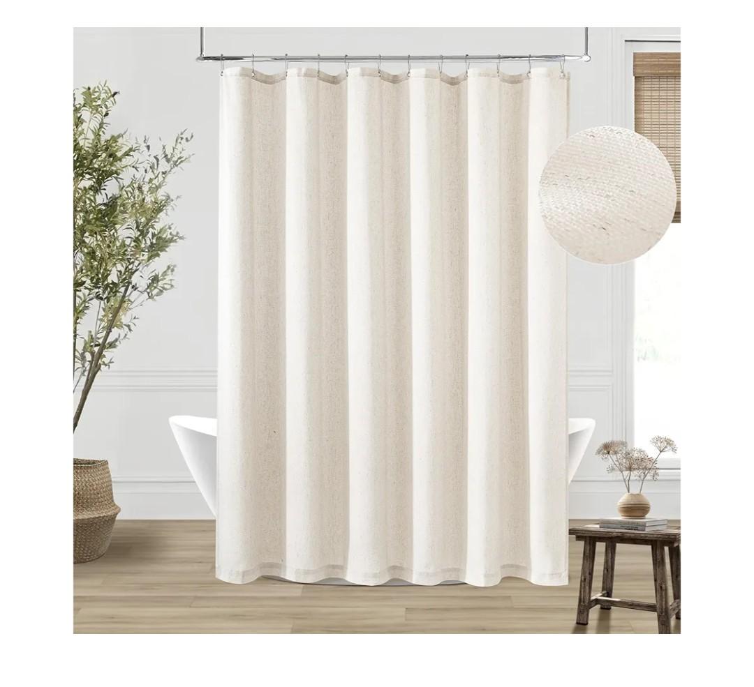 Cream Linen Shower Curtain Natural Boho Farmhouse Shower Curtains for Bathroom Neutral Aesthetic Bath Decor Sheer Cloth Water Repellent Fabric Drapes with Hooks Sets, Birch Ivory, 72x72 Inch