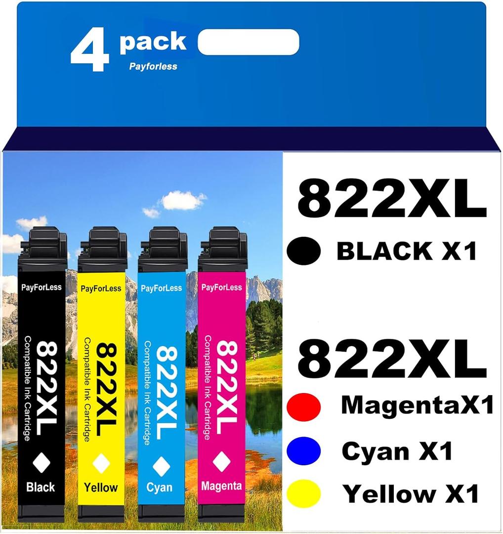 PayForLess 822XL Remanufactured for Epson 822 Ink Cartridges for 822XL T822 for Workforce Pro WF-3820 WF-3823 WF-4820 WF-4830 WF-4833 WF-4834 Printer 4 Pack 1 Black 1 Cyan 1 Magenta 1 Yellow