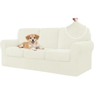 CHUN YI 7 Piece Couch Covers Sofa Covers Washable, Stretch Sofa Slipcovers for 3 Cushion Couch with Seperate Backrest and Cushion Covers, Anti Slip Furniture Protector for Dogs Pets (Large, Cream)