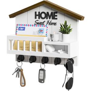 Key and Mail Holder for Wall, Wall Key Holder with Shelf, Key Rack Wall Mount, Wood Key Holder Wall Mount White, Mail Organizer Wall Mounted, Entryway & Front Door Key Holder with 5 Hooks