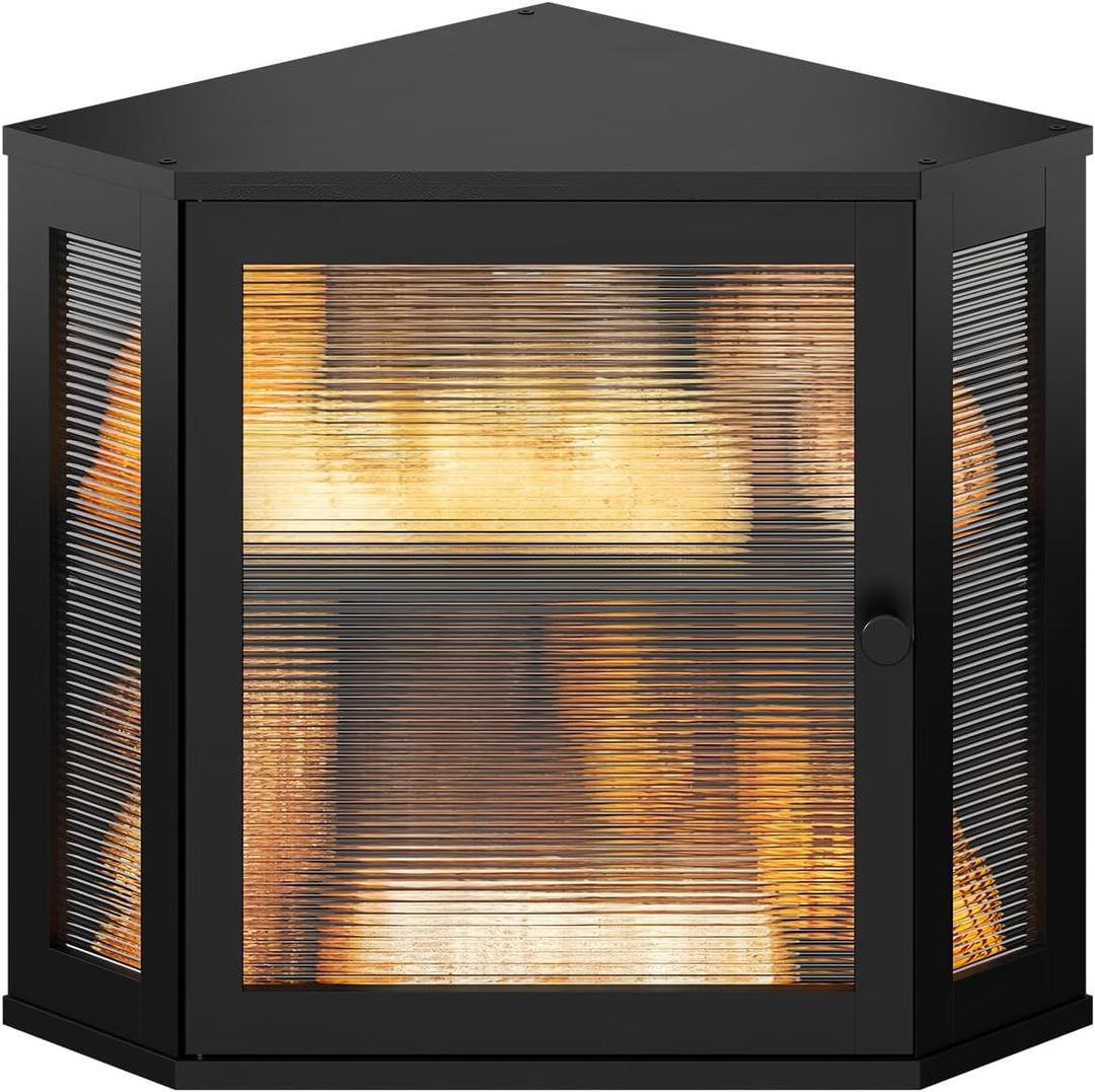 Corner Bread box for Kitchen Countertop,Farmhouse Acrylic Wavy Door Panel Food Storage Large White Bread box Container (Meduim, Black)