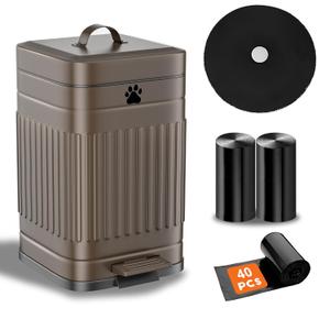 Dog Poop Trash Can Outside, 5L/1.3Gal Metal Dog Waste Trash Can with Lid, Foot Pedal, Pet Waste Container with 40 Bags, Poop Bucket with Lid Soft Close for Pet, Brown