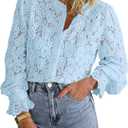 PRETTYGARDEN Women's Dressy Casual Lace Blouse Long Sleeve Button Up Shirts Tops Spring Fall Fashion Clothes (Light Blue, X-Large)