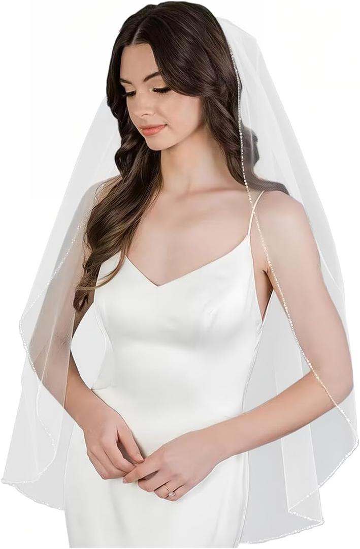 Bridal Veil Pearl Beaded Edge 1 Tier Fingertip Length Wedding Veil with Comb (35 Inches Off White)