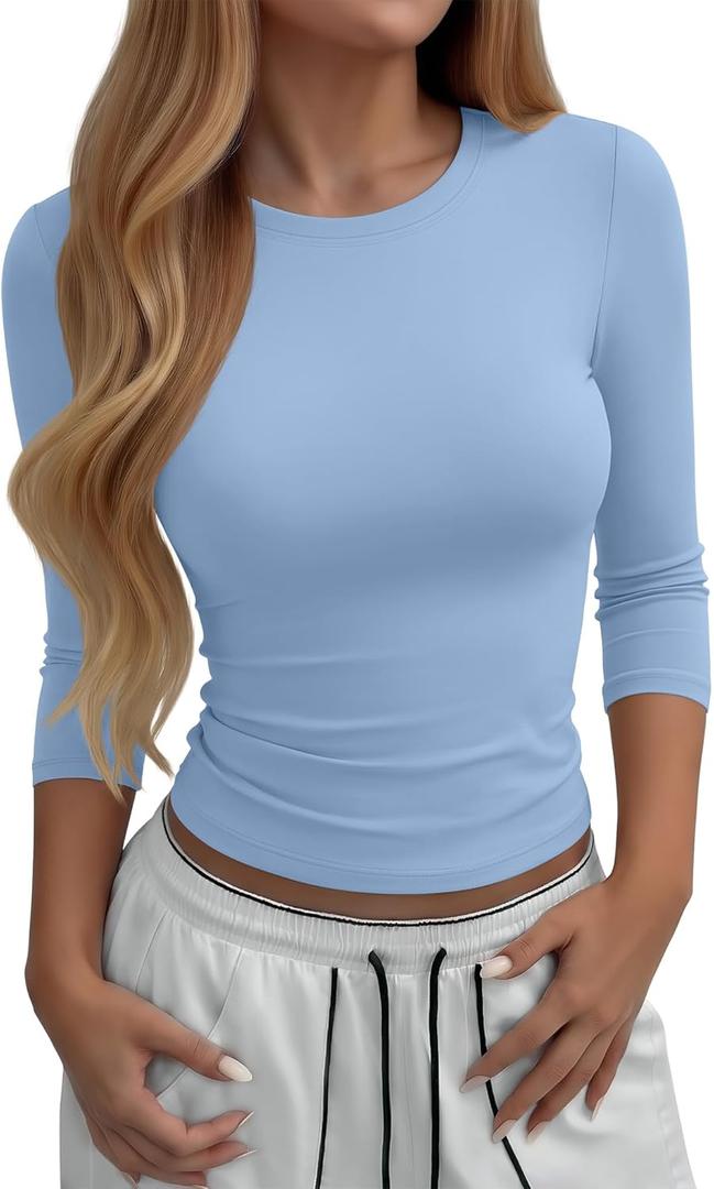 Neer Women's Workout Tops 3/4 Sleeve Compression Shirt Athletic Gym T-Shirt Yoga Running Fitted Crew Neck Basic Tee