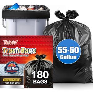 Teivio 55-60 Gallon Black Trash Bags | 180 Bags Extra Large Multi-Use Heavy Duty Commercial Garbage Bags | Lawn And Leaf Bags | Outdoor Yard Waste Bag | Contractor Workshops Trash Bin Liner