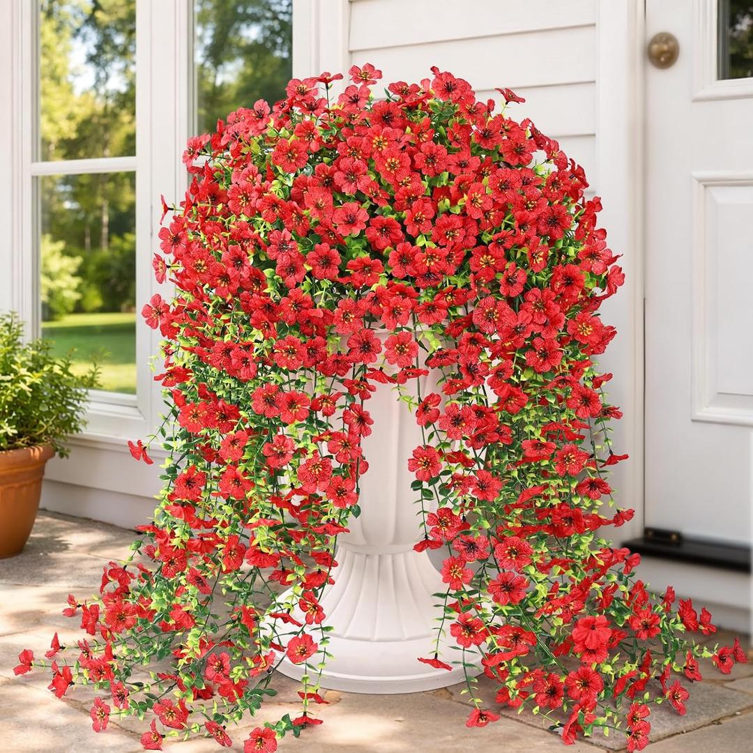 Yastouay 4 Pcs Artificial Flowers for Outdoors, UV Resistant Fake Outdoor Flowers, Realistic Artificial Plants & Flowers for Outdoor Porch Patio Window Garden Decor(Red)