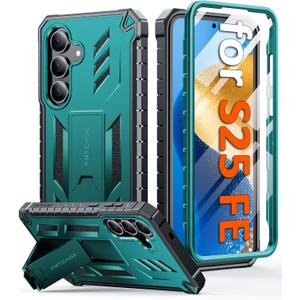 FNTCASE for Samsung Galaxy S25-FE Case: with [Built-in Screen Protector & Kickstand] [Military-Grade Drop Protection] Heavy Duty Protective Full Body Shockproof Rugged Sturdy TPU Phone Cover Green