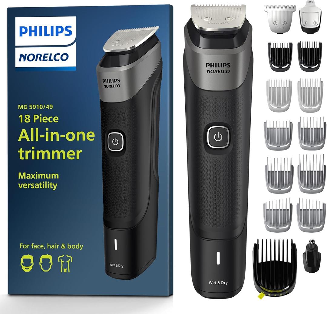 Philips Norelco Multigroom Series 5000 18 Piece, Beard Face, Hair, Body and Intimate Hair Trimmer for Men - NO BLADE OIL MG5910/49 (MG5910/49 - 18 Pieces, Black)
