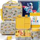 Fimibuke Bento Lunch Box for Kids, 3-Compartment 32OZ Snack Lunch Container, Lunch Bag, 12OZ Insulated Food Jar & Ice Pack Set for Age 3-12 School Daycare Toddler Teen Girls Boys, Trucks (Engineering cars)