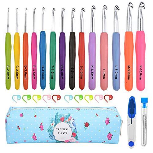 Crochet Kit for Beginners 14PCS Crochet Hooks for Yarn Ergonomic Crochet Hook Set, Extra Long  Plus Knit Needles Weave Yarn Set,Soft Rubber Grip Crochet Knitting Household with Portable Bag