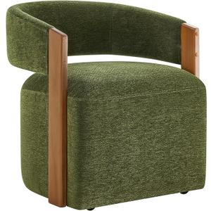 KISLOT Upholstered Dining Chairs with Casters, Modern Barrel Side Armchair with Rollers & Wooden Armrest for Dining Room, Bedroom, Kitchen, Reading Room, Green, Set of 1