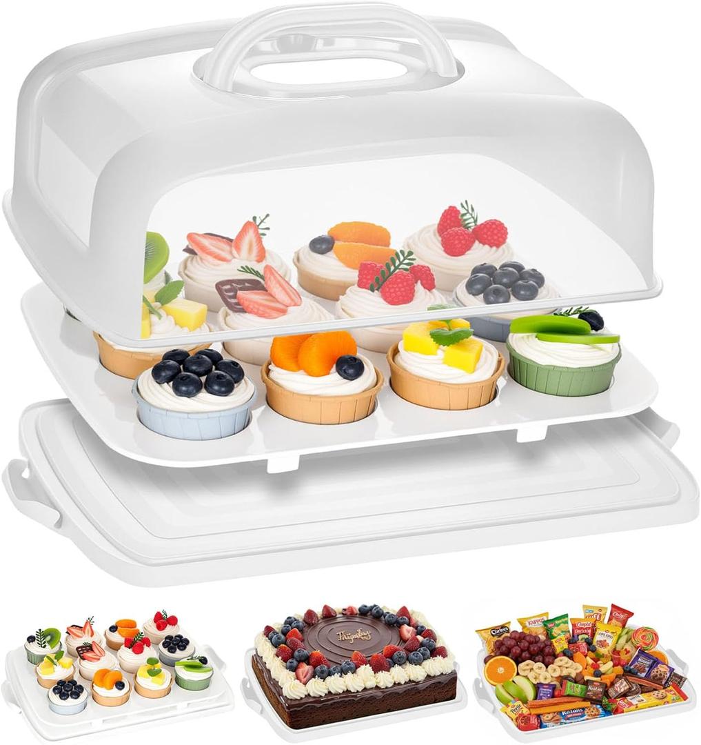 VGOODALL Cake Carrier, 12 Capacity Large Cupcake Holder, 3-in-1 Rectangular Cake Containers for Pies Muffin Candies Fruits Snacks, Dessert Storage Box for Parties, Picnics, Baking(1410.85) (White)