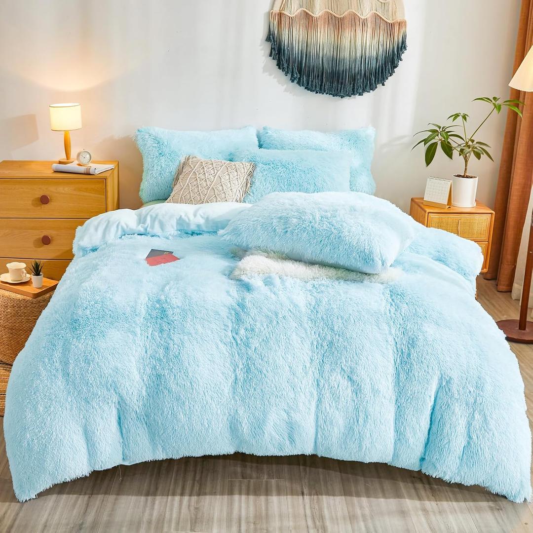 Faux Fur Fluffy Light Blue Comforter Cover 86x80 – Plush Faux Fur Light Blue Bedding 3-Piece Set (1 Furry Duvet Cover + 2 Shaggy Pillow Sham) Cozy Bed Set, Pillowcase 18x24