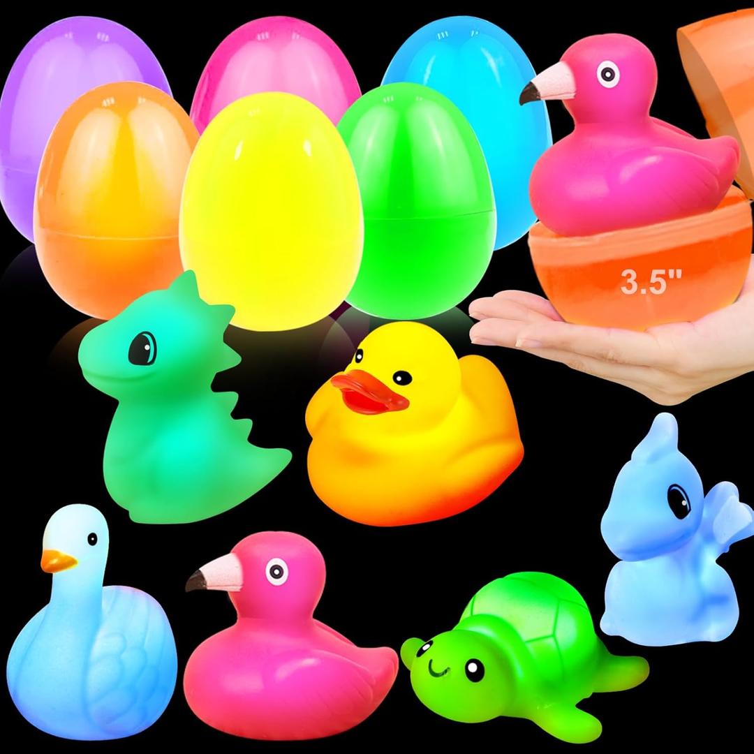 Easter Egg Fillers for Toddlers, 6 Pack 3.5" Large Easter Eggs Filled with Light Up Animal Floating Bath Toys for Kids Boys Girls Baby Easter Basket Stuffers for Toddlers Party Favors Gifts Eggs Hunt