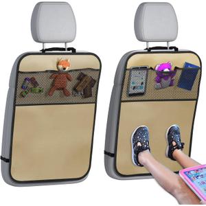 lebogner Back Seat Cover for Kids + 3 Pocket Storage Organizer, 2 Pack Kick Mats Backseat Protector, Car Accessories Waterproof Kick Guard for Vehicles to Protect from Dirt, Mud & Scratches, Beige