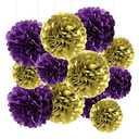 YESON Purple and Gold Tissue Paper Pom Poms Hanging Tissue Flowers Poms Decorations Pack of 12 for Wedding, Birthday,Party Backdrop Decor ect. (12", 10",Tissue Paper Flowers)