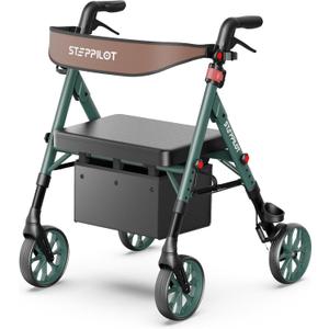 Foldable Aluminum Rollator Walkers with Cushion Seat for Senior, 16lbs Lightweight & 500 lbs Max Load, Adjustable 5-Level Seat Height & 6-Level Handles Height,8" Big Wheels,Dual Braking, Storage Bag (Dark Green)