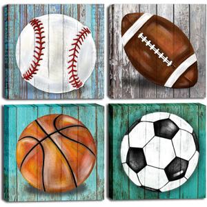 Mulpnee Boys Room Sports Decor Wall Art Posters, Baseball Football Basketball Soccer Canvas Pictures Teen Room Wall Dcor, for Kids Bedroom Nursery Bedroom Living Room Playroom 12"x12"x4Pcs