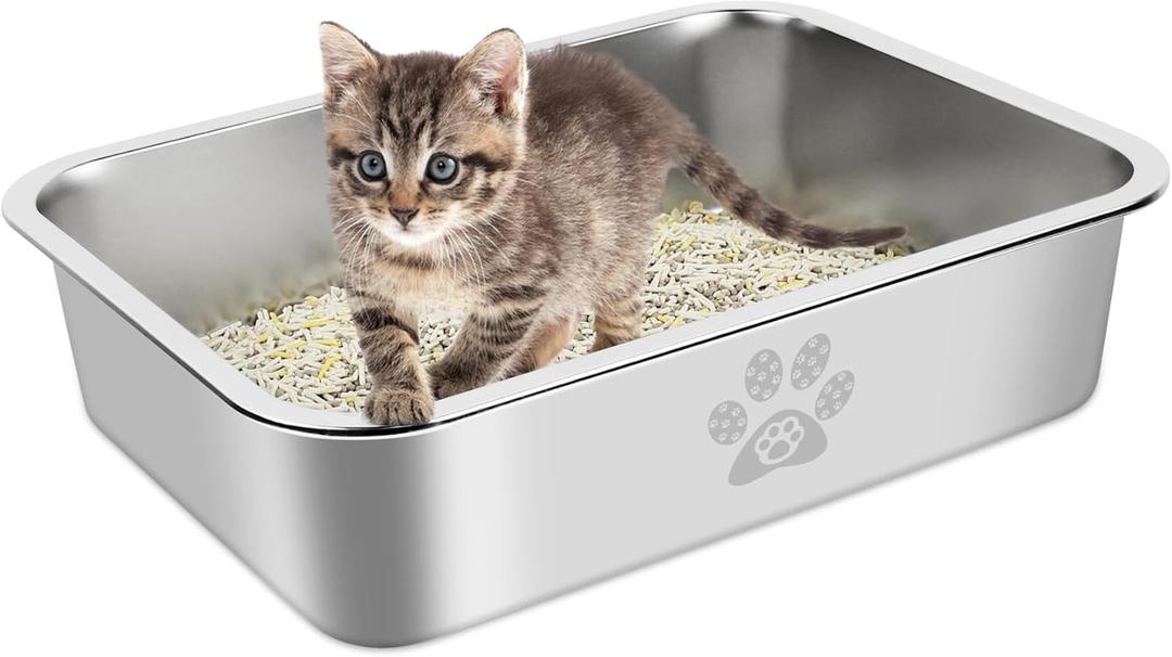 Stainless Steel Cat Litter Box High Side Cats Toilet Metal Kitten Litter Pan, Pet Cleaning Tool for Big and Small Cats, Rabbits, Splash-Proof and Non-Stick Cat Poop Box odorless 15.7"x11.8"x3.9"