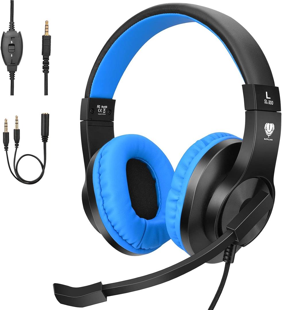 BlueFire Kids Headphones for Online School, Children, Teens, Boys, Girls, 3.5mm Stereo Over-Ear Gaming Headphone with Microphone and Volume Control for PS4, PS5, New Xbox OneBlue