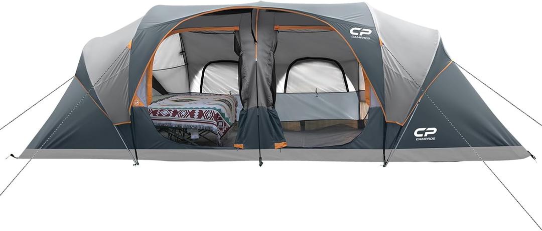 CAMPROS CP Tent 12-Person-Camping-Tents,3 Room Family Tents,Waterproof Windproof Family Tent with Top Rainfly,6 Large Mesh Windows,Double Layer,Easy Set Up, Portable with Carry Bag-20' x 9' x 72"(H)