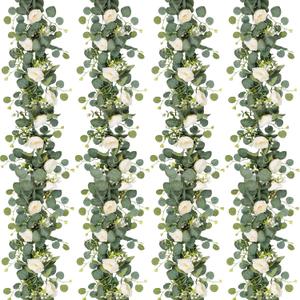 TOCHGREEN 4 Pack Artificial Eucalyptus Flower Garland with White Roses, Fake Rose Flower Greenery Garland Floral Vines for Wedding Home Party Table Runner Decor (4PCS, White)