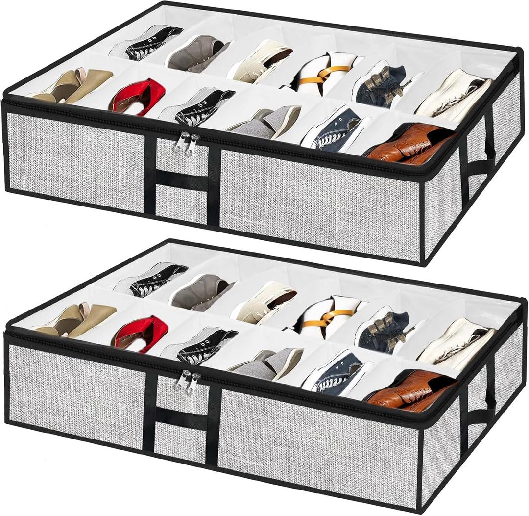 Under Bed Shoe Storage Organizer for Closet 2 Pack- Fits 24 Pairs Underbed Shoes Container Boxes, Light Grey