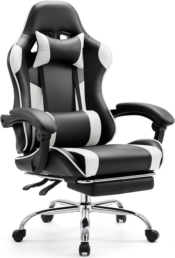 Sweetcrispy Video Game Desk Chair - Ergonomic Computer with Footrest and Comfy Lumbar Support, PU Leather Recliner with Headrest, Fixed Up Armrest, Height Adjustable with 360 Swivel, White, Adults