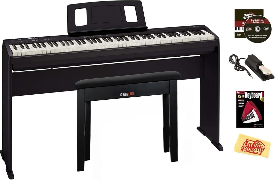 Roland FP-10 Digital Piano - Black Bundle with KSC-FP10 Stand, Bench, Sustain Pedal, Instructional Book, Online Lessons, Instructional DVD, and Austin Bazaar Polishing Cloth