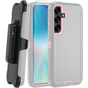 for Samsung Galaxy S25 Plus Case, with HD Tempered Glass Screen Protector, Heavy Duty Shockproof Drop Protective Rugged Tough Durable Phone Cover (with Belt Clip-Grey/Pink)