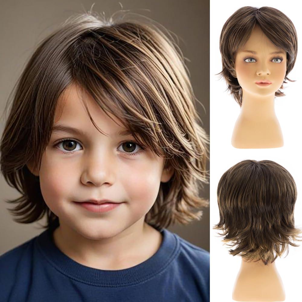 Brown Kids Wig Short Wavy Child Synthetic Boys Cosplay Halloween Costume Party Use