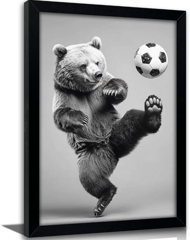 Framed Bear Playing Soccer Wall Art, Funny Animal Football Canvas Print, Solid Wood Frame Sports Poster, Whimsical Wall Decor for Man Cave Boys Bedroom Game Room Bar, 16"L x 24"W
