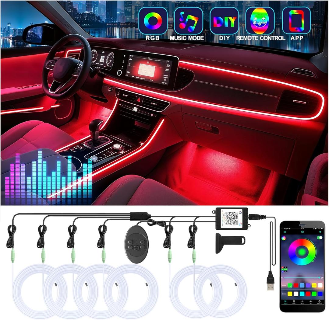 6 in 1 Car Led Strip Lights with App Control, RGB Colors Interior Car Lights, Ambient Led Lighting Kit, 4 Light Flashing Modes, USB Neon Accessories for Doors, Center Console